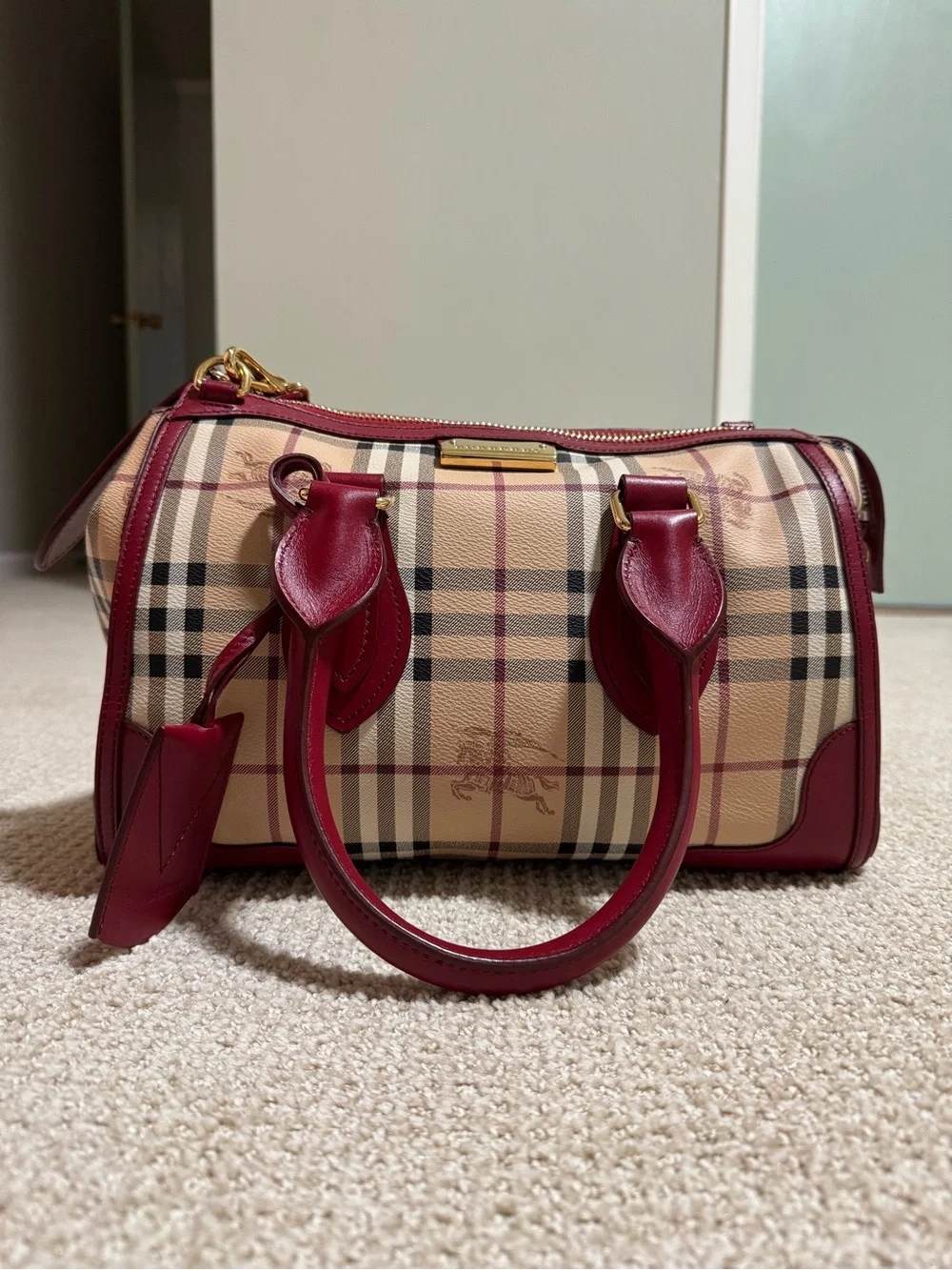 Burberry Beige Check Satchel with Burgundy Trim | Large Size